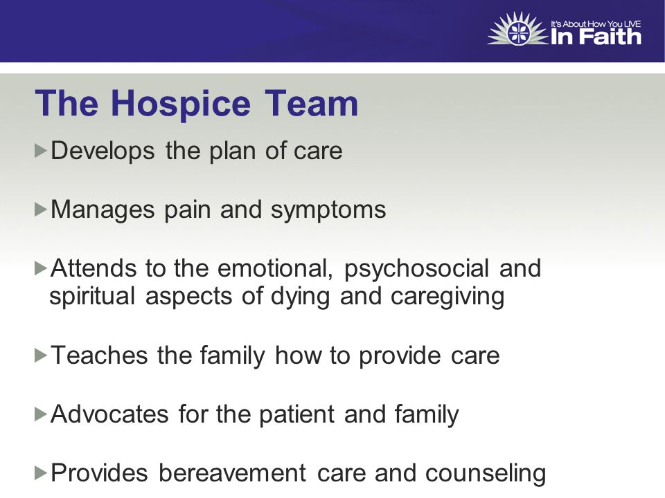 The Hospice Team  Develops the plan of care  Manages pain and symptoms  Attends to the emotional, psychosocial and spiritual aspects of dying and caregiving  Teaches the family how to provide care  Advocates for the patient and family  Provides bereavement care and counseling