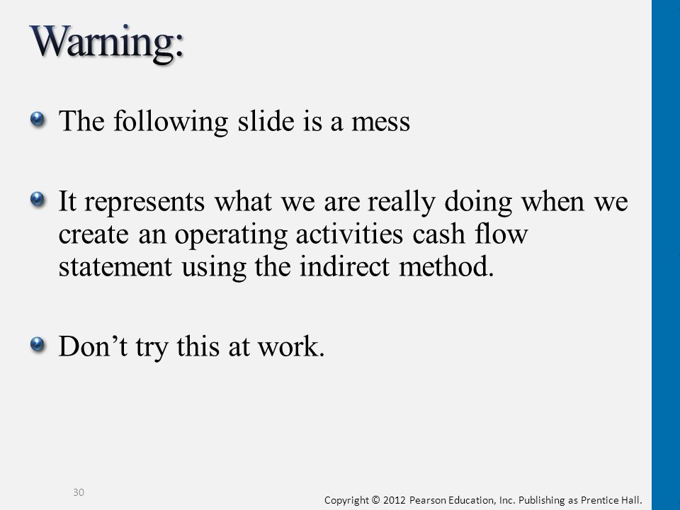 The following slide is a mess It represents what we are really doing when we create an operating activities cash flow statement using the indirect method.