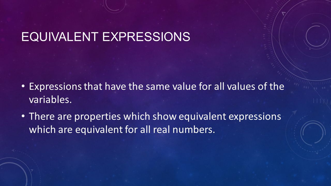 EQUIVALENT EXPRESSIONS Expressions that have the same value for all values of the variables.