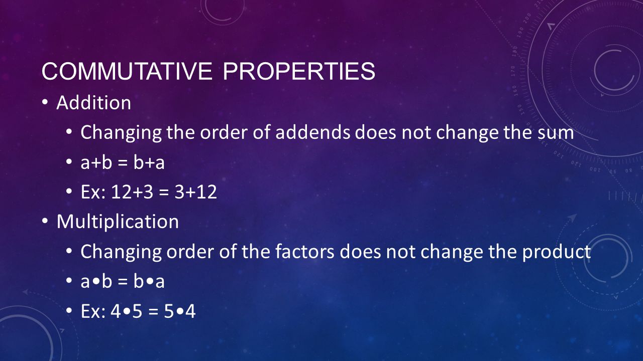 COMMUTATIVE PROPERTIES Addition Changing the order of addends does not change the sum a+b = b+a Ex: 12+3 = 3+12 Multiplication Changing order of the factors does not change the product ab = ba Ex: 45 = 54