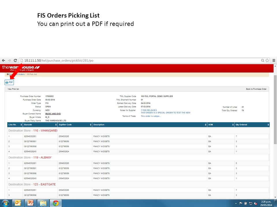 FIS Orders Picking List You can print out a PDF if required