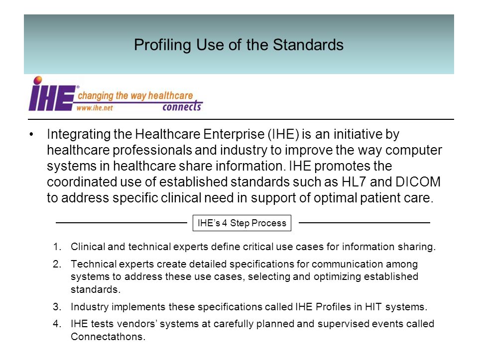 Profiling Use of the Standards Integrating the Healthcare Enterprise (IHE) is an initiative by healthcare professionals and industry to improve the way computer systems in healthcare share information.