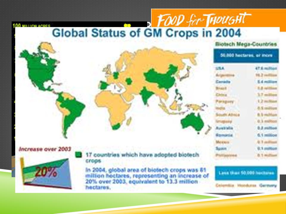 GM CROPS  Adding genes to plants to:  Make resistant to wee-controlling chemicals  Resistant to plants  Yield more crops because they are better protected