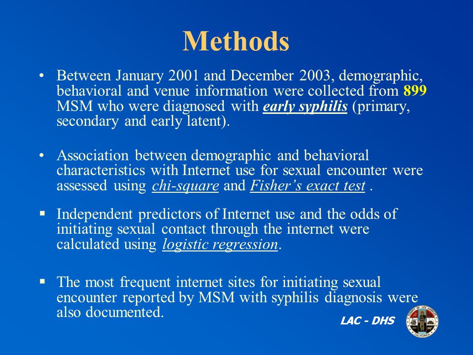 Methods Between January 2001 and December 2003, demographic, behavioral and venue information were collected from 899 MSM who were diagnosed with early syphilis (primary, secondary and early latent).