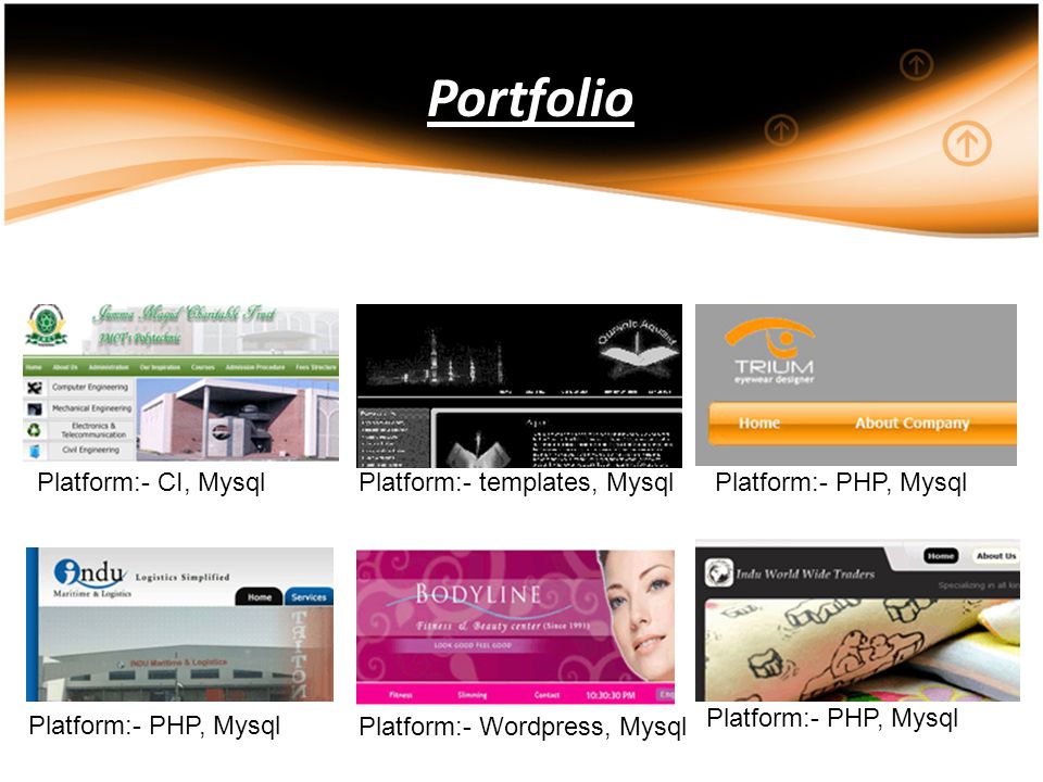Portfolio Platform:- CI, MysqlPlatform:- templates, MysqlPlatform:- PHP, Mysql Platform:- Wordpress, Mysql Platform:- PHP, Mysql