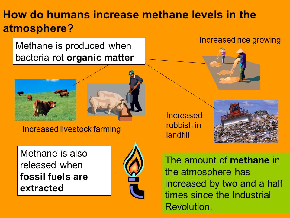 How do humans increase methane levels in the atmosphere.