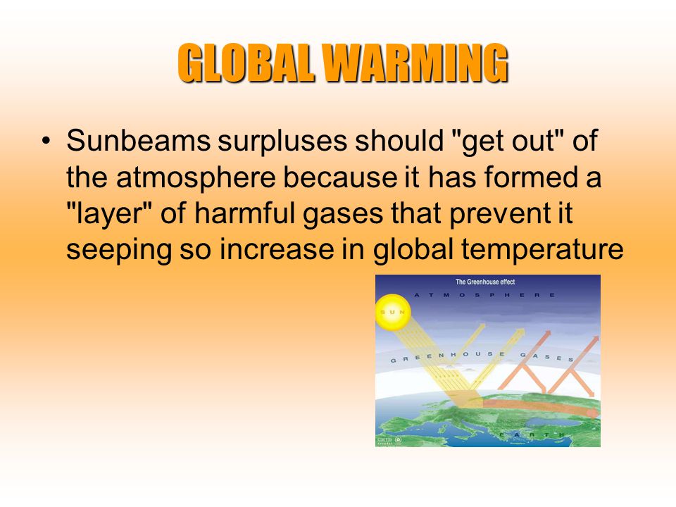 GLOBAL WARMING GLOBAL WARMING Sunbeams surpluses should get out of the atmosphere because it has formed a layer of harmful gases that prevent it seeping so increase in global temperature