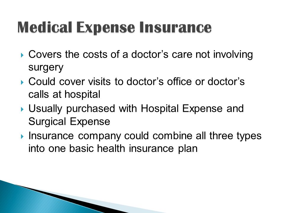  Covers the costs of a doctor’s care not involving surgery  Could cover visits to doctor’s office or doctor’s calls at hospital  Usually purchased with Hospital Expense and Surgical Expense  Insurance company could combine all three types into one basic health insurance plan