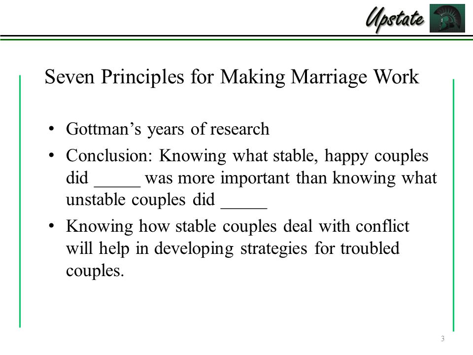 Gottman’s years of research Conclusion: Knowing what stable, happy couples did _____ was more important than knowing what unstable couples did _____ Knowing how stable couples deal with conflict will help in developing strategies for troubled couples.