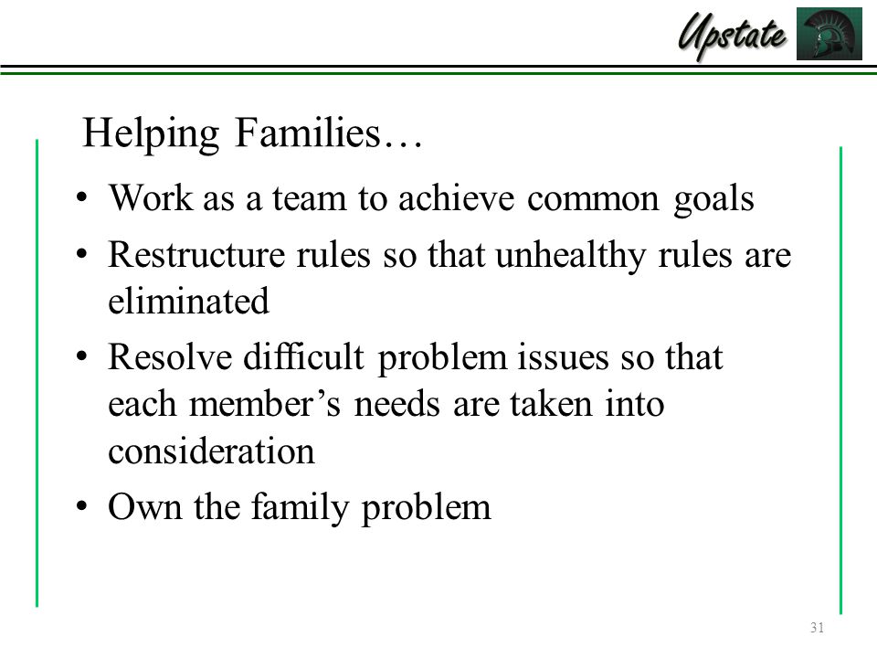 Helping Families… Work as a team to achieve common goals Restructure rules so that unhealthy rules are eliminated Resolve difficult problem issues so that each member’s needs are taken into consideration Own the family problem 31