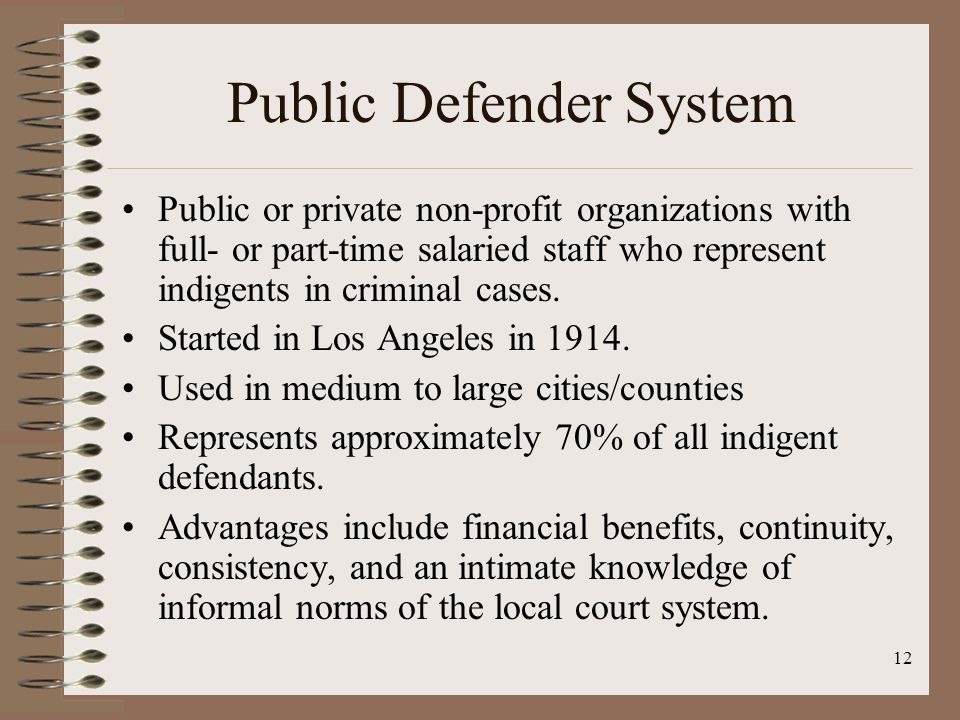 12 Public Defender System Public or private non-profit organizations with full- or part-time salaried staff who represent indigents in criminal cases.