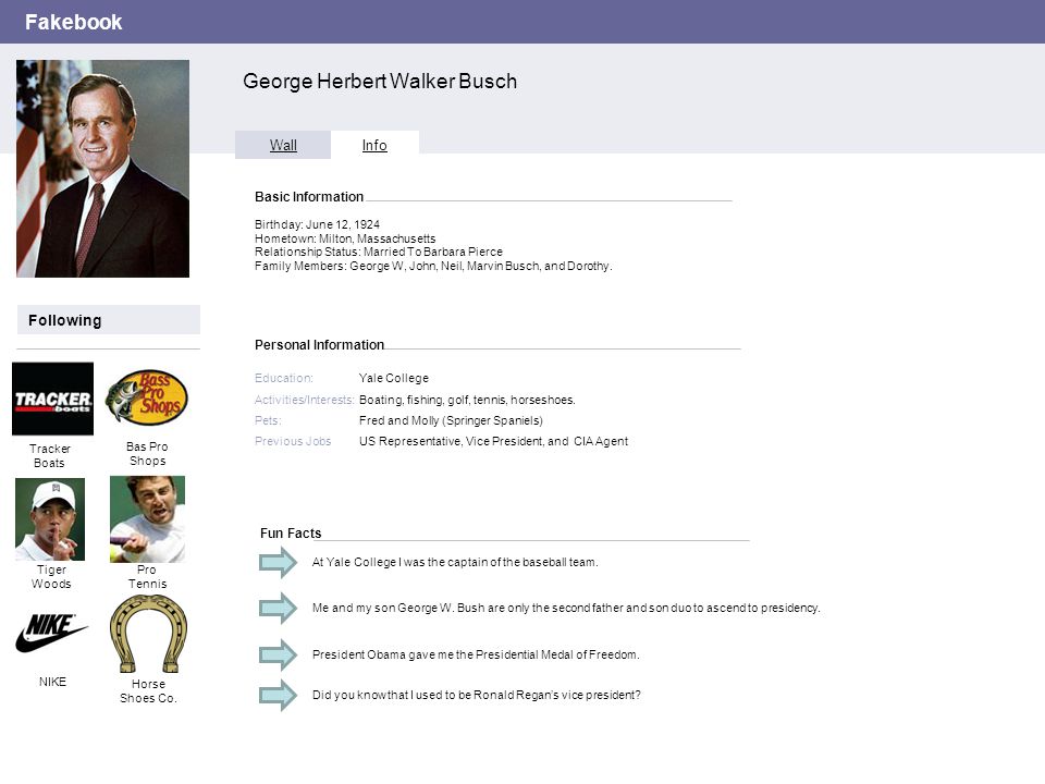 Image Personal Information Fakebook Wall Info Basic Information Following Birthday: June 12, 1924 Hometown: Milton, Massachusetts Relationship Status: Married To Barbara Pierce Family Members: George W, John, Neil, Marvin Busch, and Dorothy.