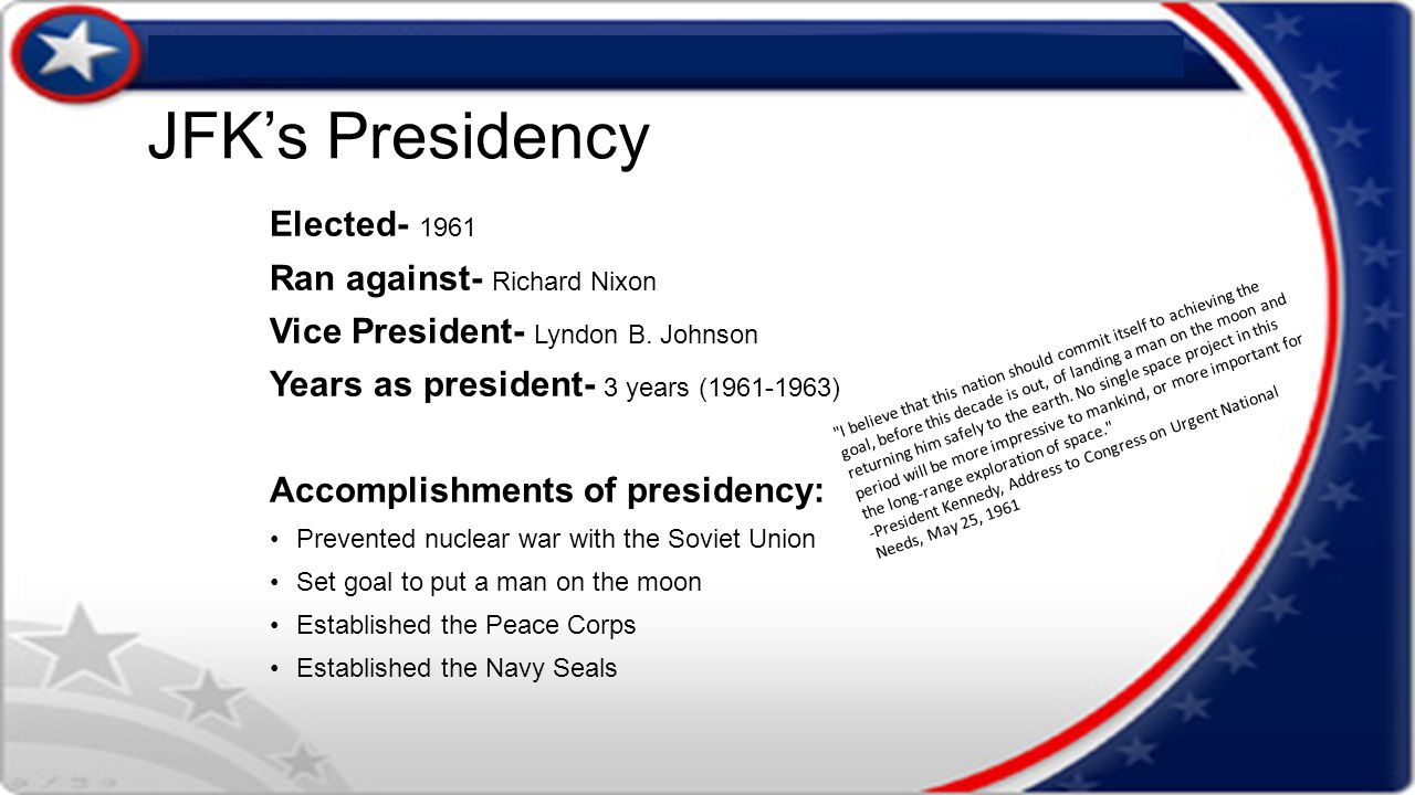 JFK’s Presidency Elected Ran against- Richard Nixon Vice President- Lyndon B.