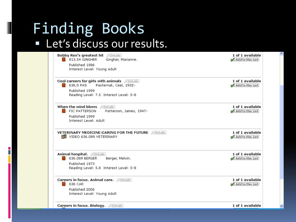 Finding Books  Let’s discuss our results.