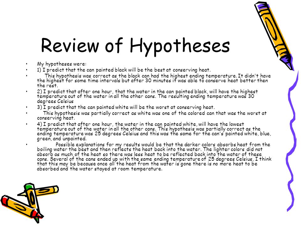 Review of Hypotheses My hypotheses were: 1) I predict that the can painted black will be the best at conserving heat.
