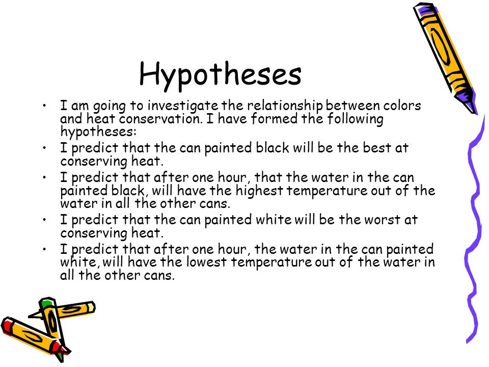 Hypotheses I am going to investigate the relationship between colors and heat conservation.