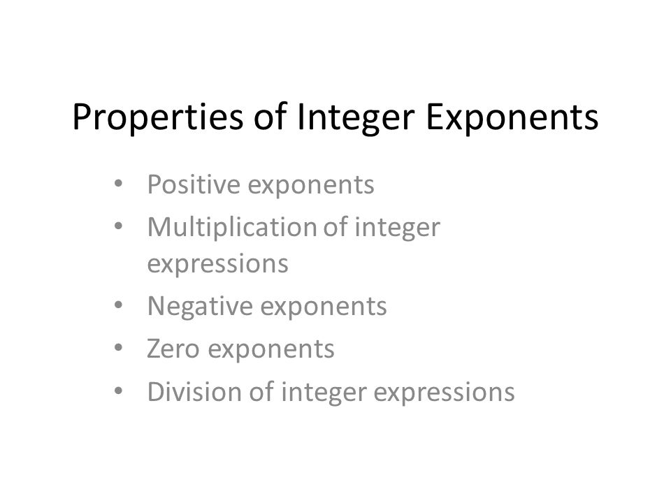 Properties of Integer Exponents Positive exponents Multiplication of integer expressions Negative exponents Zero exponents Division of integer expressions