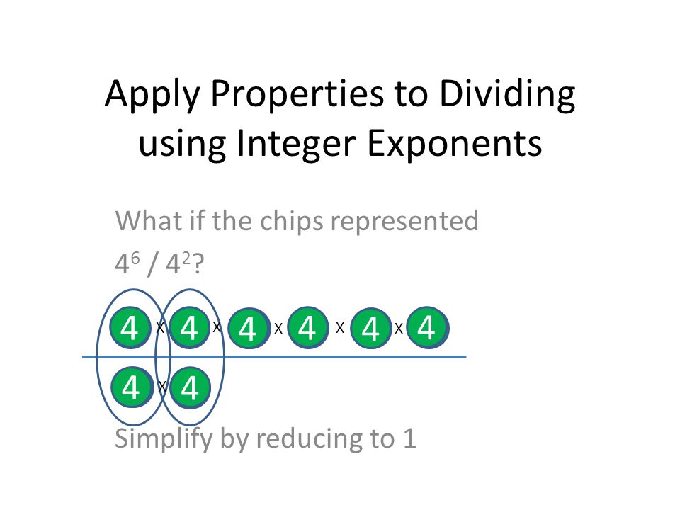 Apply Properties to Dividing using Integer Exponents What if the chips represented 4 6 / 4 2 .