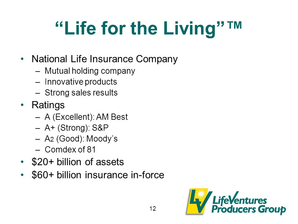 12 Life for the Living ™ National Life Insurance Company –Mutual holding company –Innovative products –Strong sales results Ratings –A (Excellent): AM Best –A+ (Strong): S&P –A 2 (Good): Moody’s –Comdex of 81 $20+ billion of assets $60+ billion insurance in-force