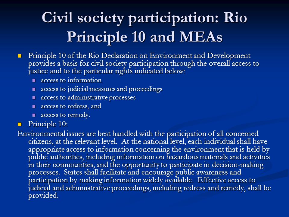 Civil society participation: Rio Principle 10 and MEAs Principle 10 of the Rio Declaration on Environment and Development provides a basis for civil society participation through the overall access to justice and to the particular rights indicated below: Principle 10 of the Rio Declaration on Environment and Development provides a basis for civil society participation through the overall access to justice and to the particular rights indicated below: access to information access to information access to judicial measures and proceedings access to judicial measures and proceedings access to administrative processes access to administrative processes access to redress, and access to redress, and access to remedy.
