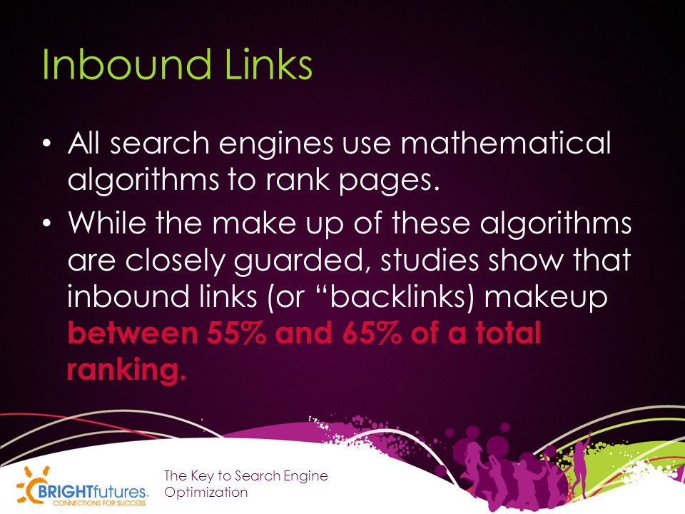 Inbound Links All search engines use mathematical algorithms to rank pages.