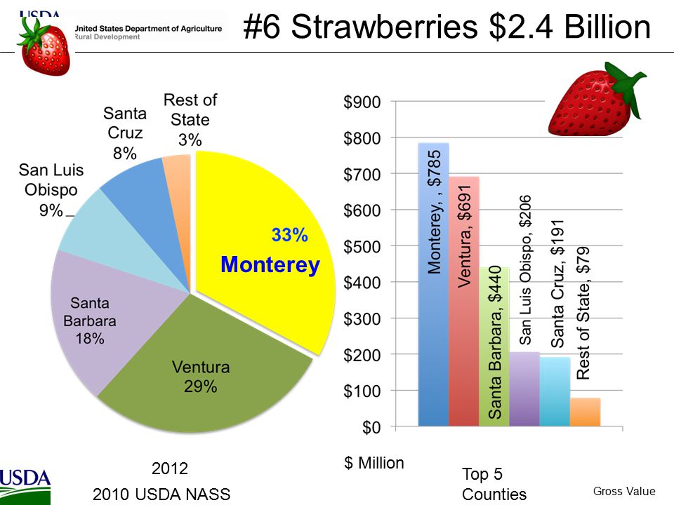 #7 Lettuce $2.0 Billion 2012 $ Million Top 5 Counties Gross Value 2012 USDA NASS CA Monterey