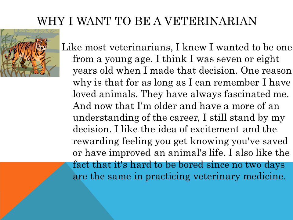 WHY I WANT TO BE A VETERINARIAN Like most veterinarians, I knew I wanted to be one from a young age.