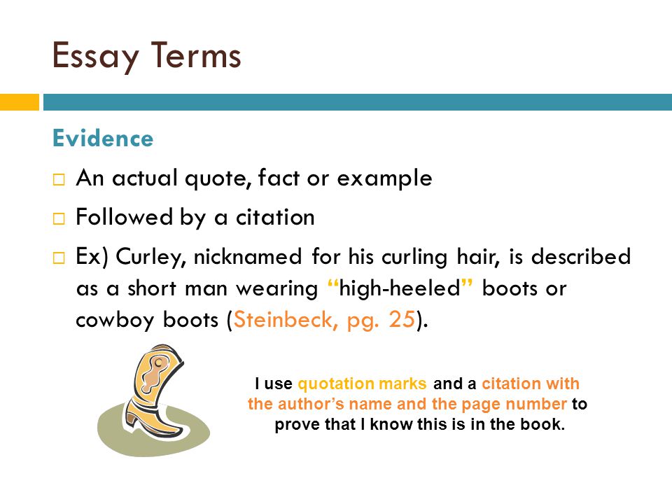 Essay Terms Evidence  An actual quote, fact or example  Followed by a citation  Ex) Curley, nicknamed for his curling hair, is described as a short man wearing high-heeled boots or cowboy boots (Steinbeck, pg.