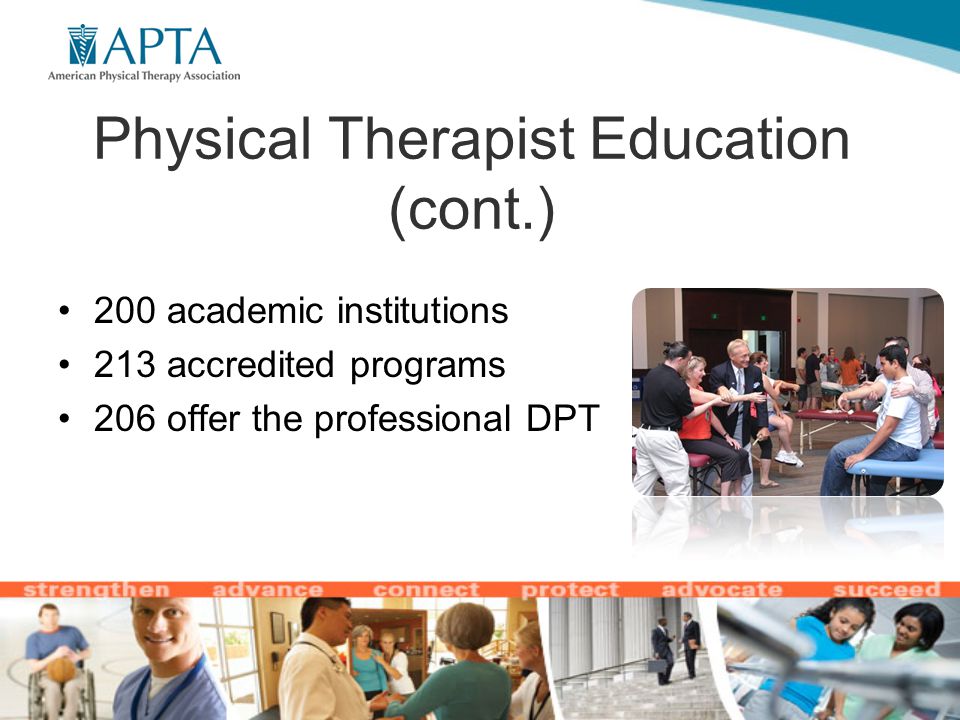 Physical Therapist Education (cont.) 200 academic institutions 213 accredited programs 206 offer the professional DPT