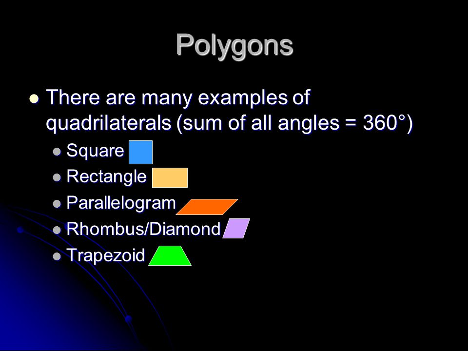 Polygons There are many examples of quadrilaterals (sum of all angles = 360°) There are many examples of quadrilaterals (sum of all angles = 360°) Square Square Rectangle Rectangle Parallelogram Parallelogram Rhombus/Diamond Rhombus/Diamond Trapezoid Trapezoid