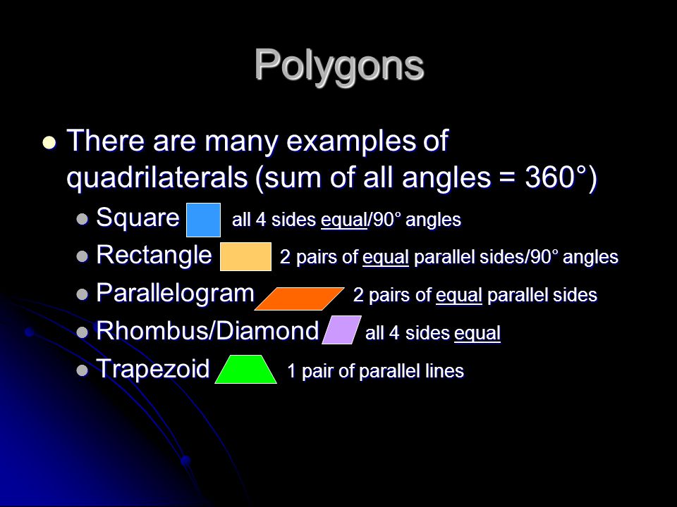 Polygons There are many examples of quadrilaterals (sum of all angles = 360°) There are many examples of quadrilaterals (sum of all angles = 360°) Square all 4 sides equal/90° angles Square all 4 sides equal/90° angles Rectangle 2 pairs of equal parallel sides/90° angles Rectangle 2 pairs of equal parallel sides/90° angles Parallelogram 2 pairs of equal parallel sides Parallelogram 2 pairs of equal parallel sides Rhombus/Diamond all 4 sides equal Rhombus/Diamond all 4 sides equal Trapezoid 1 pair of parallel lines Trapezoid 1 pair of parallel lines