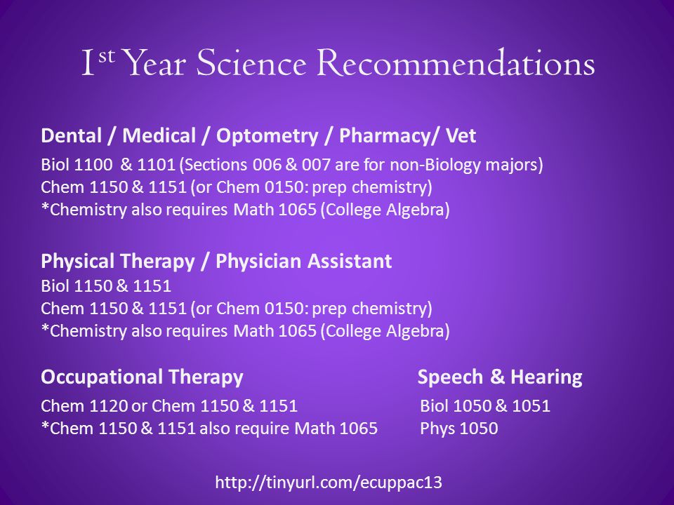 1 st Year Science Recommendations Dental / Medical / Optometry / Pharmacy/ Vet Biol 1100 & 1101 (Sections 006 & 007 are for non-Biology majors) Chem 1150 & 1151 (or Chem 0150: prep chemistry) *Chemistry also requires Math 1065 (College Algebra) Physical Therapy / Physician Assistant Biol 1150 & 1151 Chem 1150 & 1151 (or Chem 0150: prep chemistry) *Chemistry also requires Math 1065 (College Algebra) Occupational Therapy Speech & Hearing Chem 1120 or Chem 1150 & 1151 Biol 1050 & 1051 *Chem 1150 & 1151 also require Math 1065 Phys