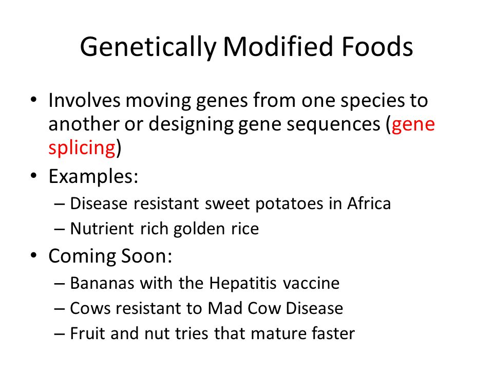 Genetically Modified Foods Involves moving genes from one species to another or designing gene sequences (gene splicing) Examples: – Disease resistant sweet potatoes in Africa – Nutrient rich golden rice Coming Soon: – Bananas with the Hepatitis vaccine – Cows resistant to Mad Cow Disease – Fruit and nut tries that mature faster