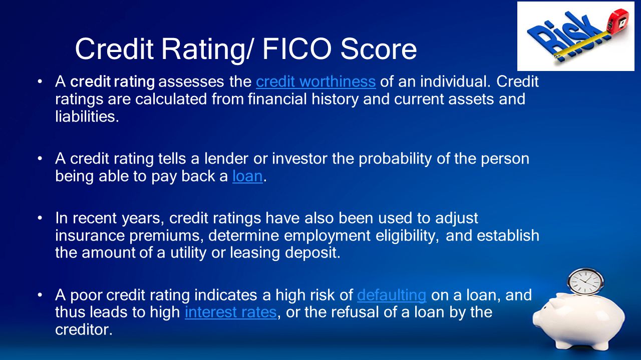 Credit Rating/ FICO Score A credit rating assesses the credit worthiness of an individual.