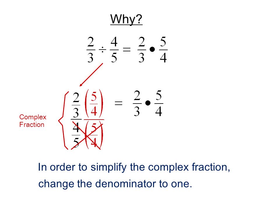 Why Complex Fraction In order to simplify the complex fraction, change the denominator to one.
