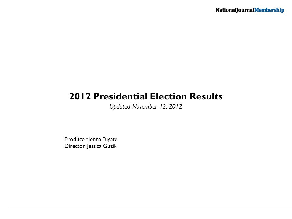 2012 Presidential Election Results Updated November 12, 2012 Producer: Jenna Fugate Director: Jessica Guzik