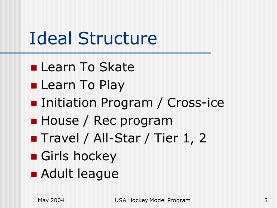 May 2004USA Hockey Model Program3 Ideal Structure Learn To Skate Learn To Play Initiation Program / Cross-ice House / Rec program Travel / All-Star / Tier 1, 2 Girls hockey Adult league
