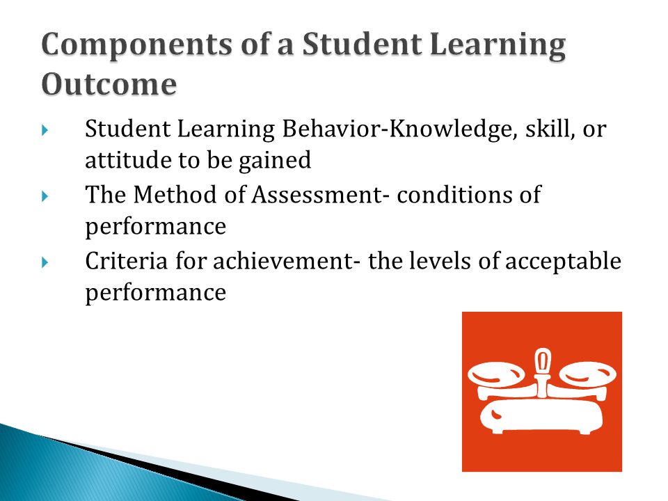  Student Learning Behavior-Knowledge, skill, or attitude to be gained  The Method of Assessment- conditions of performance  Criteria for achievement- the levels of acceptable performance
