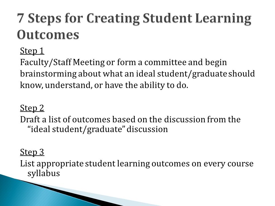 Step 1 Faculty/Staff Meeting or form a committee and begin brainstorming about what an ideal student/graduate should know, understand, or have the ability to do.