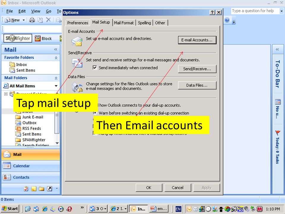 Tap mail setup Then  accounts