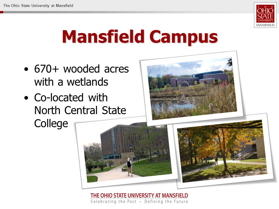 The Ohio State University at Mansfield Mansfield Campus 670+ wooded acres with a wetlands Co-located with North Central State College