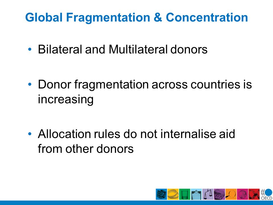 Global Fragmentation & Concentration Bilateral and Multilateral donors Donor fragmentation across countries is increasing Allocation rules do not internalise aid from other donors