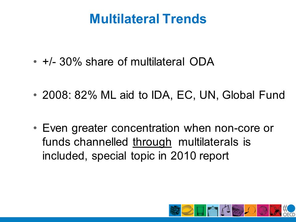 Multilateral Trends +/- 30% share of multilateral ODA 2008: 82% ML aid to IDA, EC, UN, Global Fund Even greater concentration when non-core or funds channelled through multilaterals is included, special topic in 2010 report