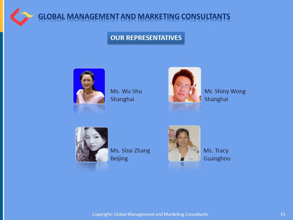 11Copyright: Global Management and Marketing Consultants OUR REPRESENTATIVES Ms.