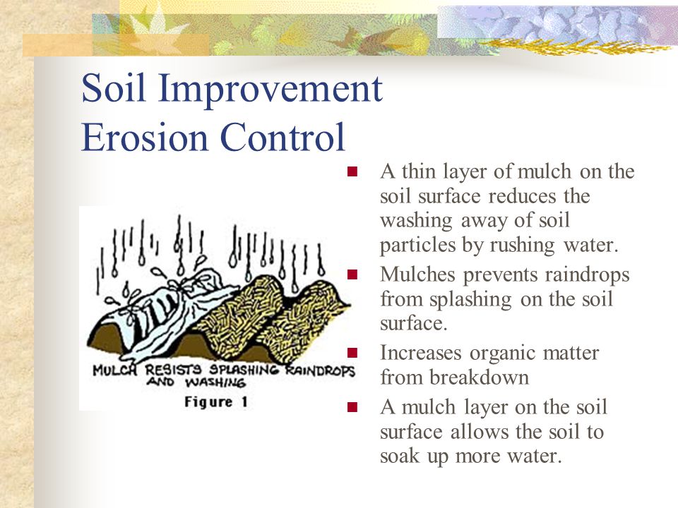 Soil Improvement Erosion Control A thin layer of mulch on the soil surface reduces the washing away of soil particles by rushing water.