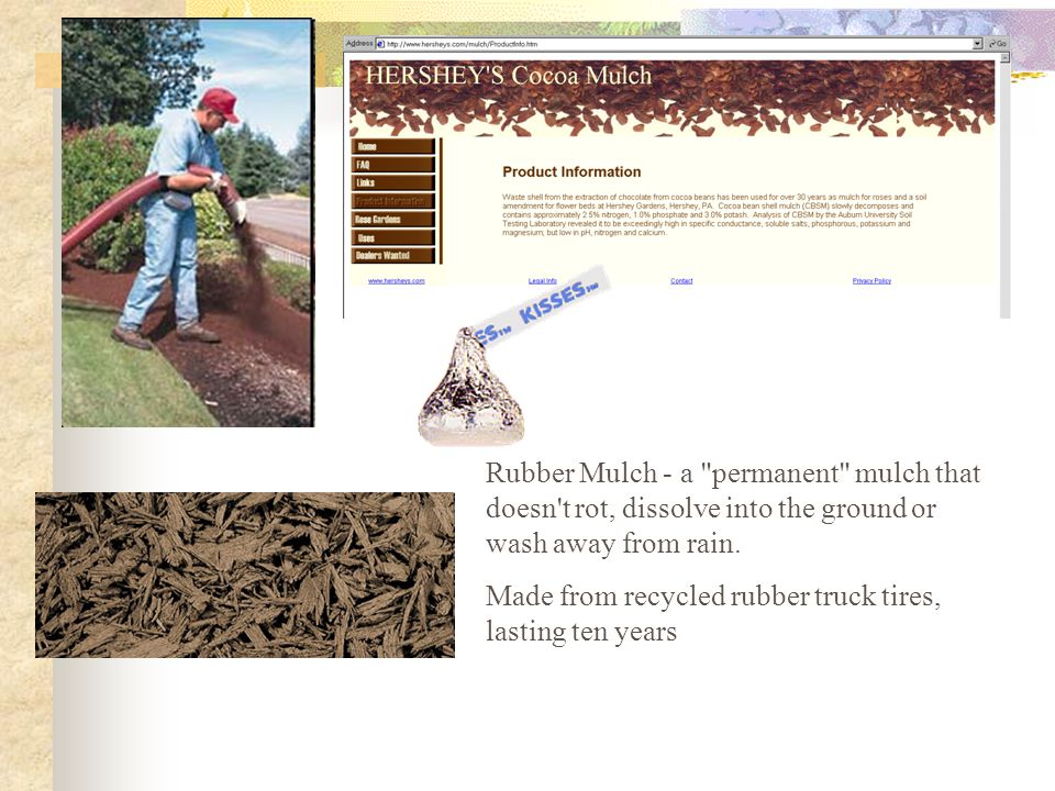 Rubber Mulch - a permanent mulch that doesn t rot, dissolve into the ground or wash away from rain.