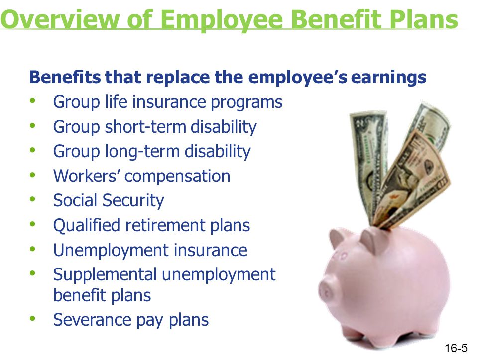 Overview of Employee Benefit Plans Benefits that replace the employee’s earnings Group life insurance programs Group short-term disability Group long-term disability Workers’ compensation Social Security Qualified retirement plans Unemployment insurance Supplemental unemployment benefit plans Severance pay plans 16-5