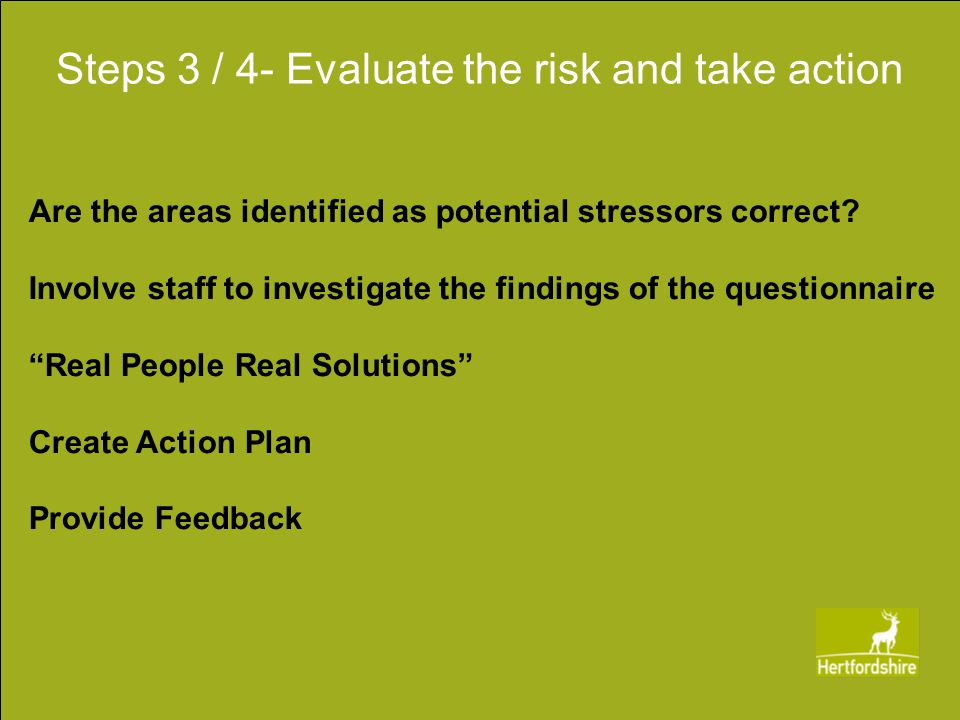 Steps 3 / 4- Evaluate the risk and take action Are the areas identified as potential stressors correct.