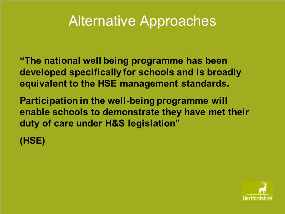 Alternative Approaches The national well being programme has been developed specifically for schools and is broadly equivalent to the HSE management standards.