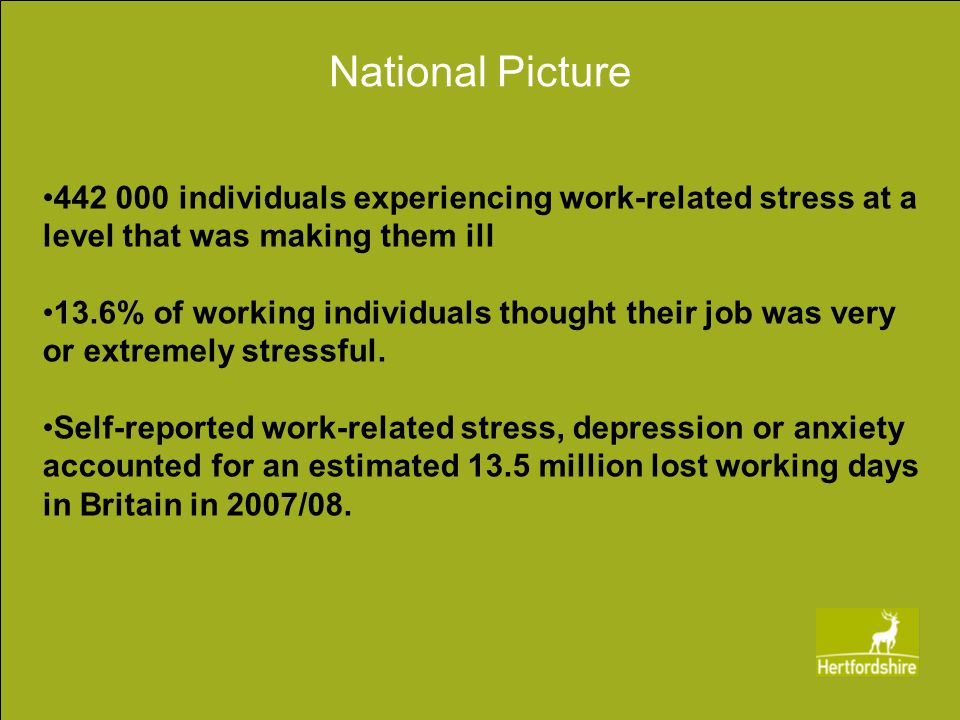 National Picture individuals experiencing work-related stress at a level that was making them ill 13.6% of working individuals thought their job was very or extremely stressful.